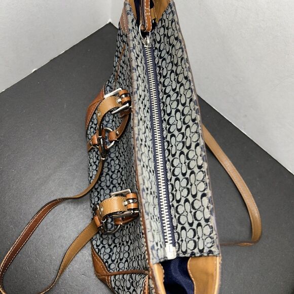 Coach Gallery Navy Blue Monogram W/ British Tan Leather Shoulder Tote F11526 - Picture 16 of 16